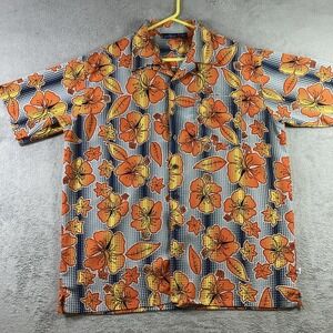 Vtg Decibel Hawaiian Shirt Men XL Orange All Over Print Button Up Casual Korea